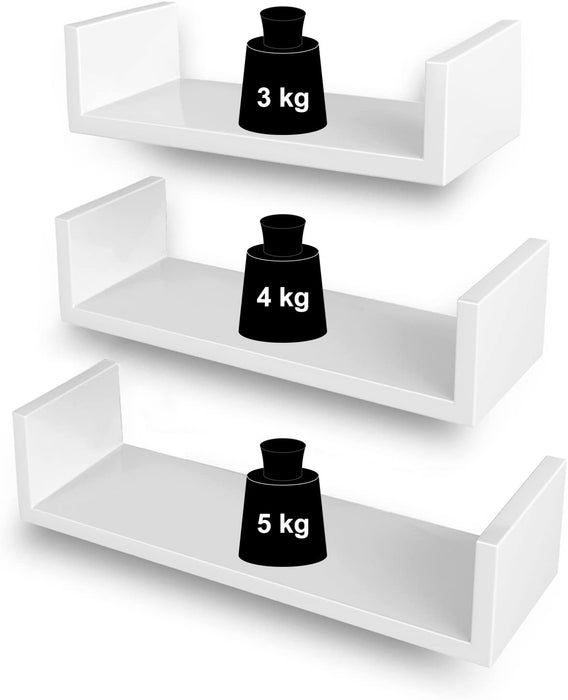 Wandregal, 3er Set, Schweberegal, 30/35/40 cm, Hochglanzoberfläche, dekorativ, kreativ, für Schlafzimmer, Wohnzimmer, Küche und Flur, weiß