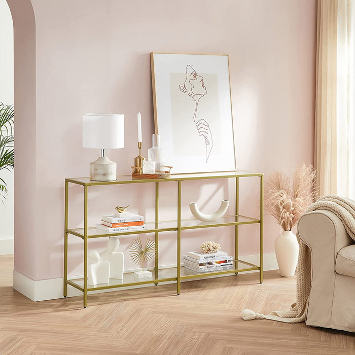 Konsolentisch, Flurtisch, 3 Ebenen, Beistelltisch, Ablagen aus Hartglas, 130 x 30 x 73 cm, Metallgestell, modern, für Flur, Wohnzimmer, Schlafzimmer