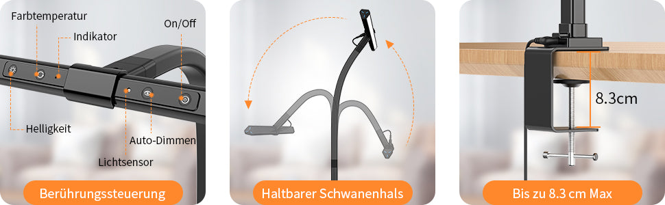 Schreibtischlampe LED,24W Schreibtischlampe klemmbar, Augenschutz Verstellbarer Schwanenhals Klemmleuchte, Dimmbar Architektenlampe