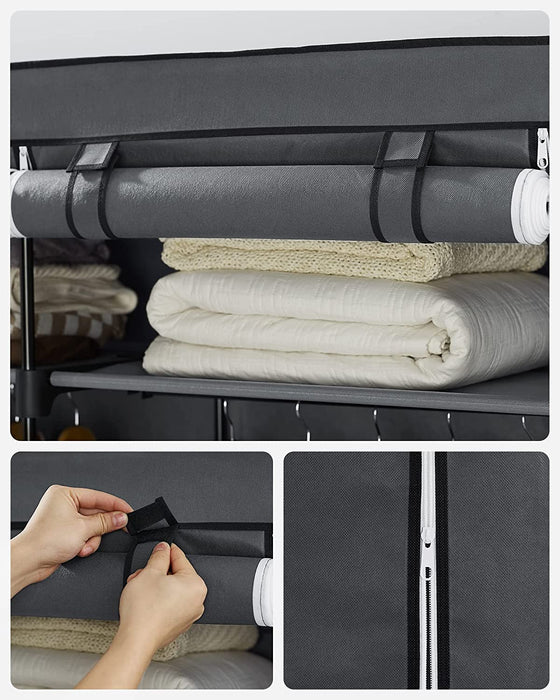 Kleiderschrank, Stoffschrank, Garderobe mit Kleiderstangen, Aufbewahrung für Kleidung, Kleiderständer, faltbar, Ankleidezimmer, Schlafzimmer, grau