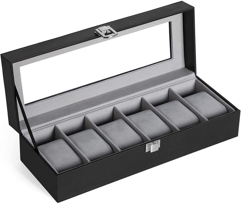 Uhrenbox 6 Uhren, Uhrenkasten mit Glasdeckel, Uhrenkissen aus Samt, Uhrenkoffer mit Schloss, Weihnachten, 30 x 11,2 x 8 cm, PU-Bezug in Schwarz