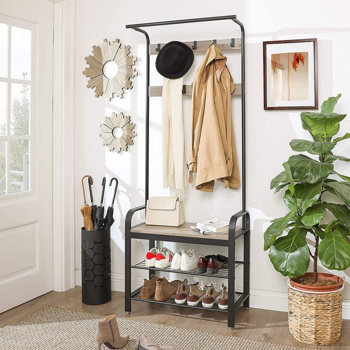 Garderobenständer, Garderobe, Schuhregal mit Sitzfläche, Kleiderständer mit 9 abnehmbaren Haken, Sitzbank, Industrie-Design, Greige-schwarz