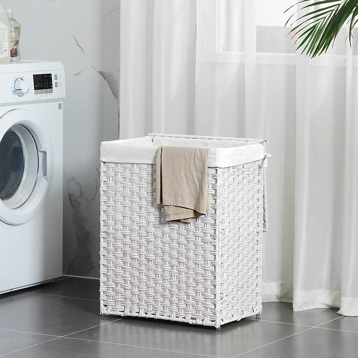 Wäschekorb handgeflochten, 90 L, Wäschesammler aus synthetischem Rattan, mit Deckel und Griffen, faltbar, Wäschesack herausnehmbar, weiß