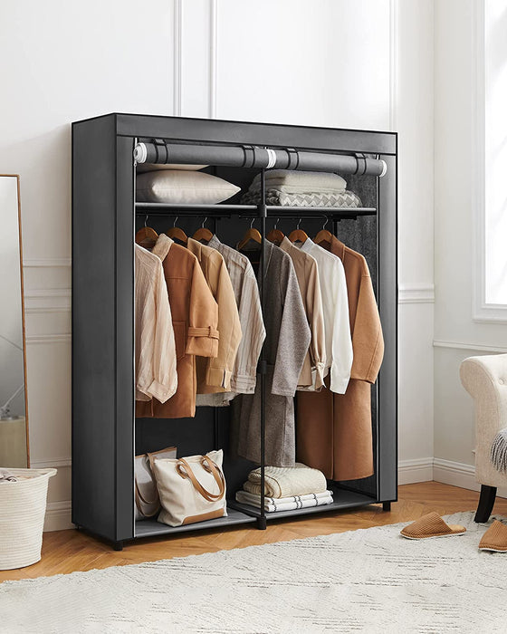 Kleiderschrank, Stoffschrank, Garderobe mit Kleiderstangen, Aufbewahrung für Kleidung, Kleiderständer, faltbar, Ankleidezimmer, Schlafzimmer, grau