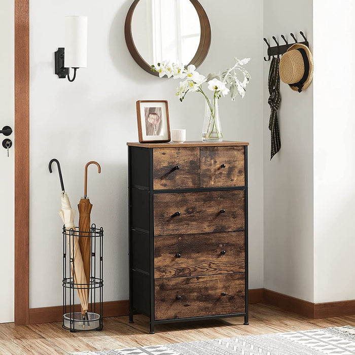 Kommode, Aufbewahrungsschrank, Stoffschubalden mit MDF-Front, Industrie-Design, für Flur, Wohnzimmer, vintagebraun-schwarz