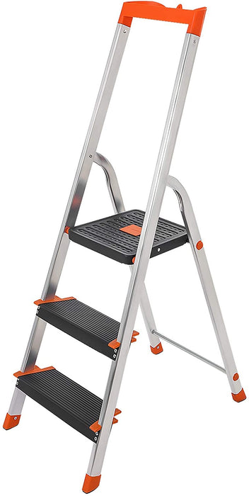 Leiter 3 Stufen, Trittleiter, 12 cm breite Stufen mit Riffelung, Anti-Rutsch-Füße, mit Handlauf, Werkzeugschale, bis 150 kg belastbar