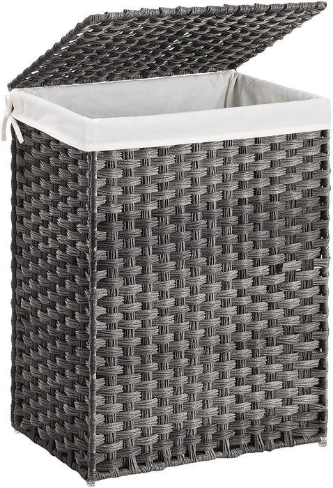 Wäschekorb handgeflochten, 90 L, Wäschesammler aus synthetischem Rattan, mit Deckel und Griffen, faltbar, Wäschesack herausnehmbar, grau