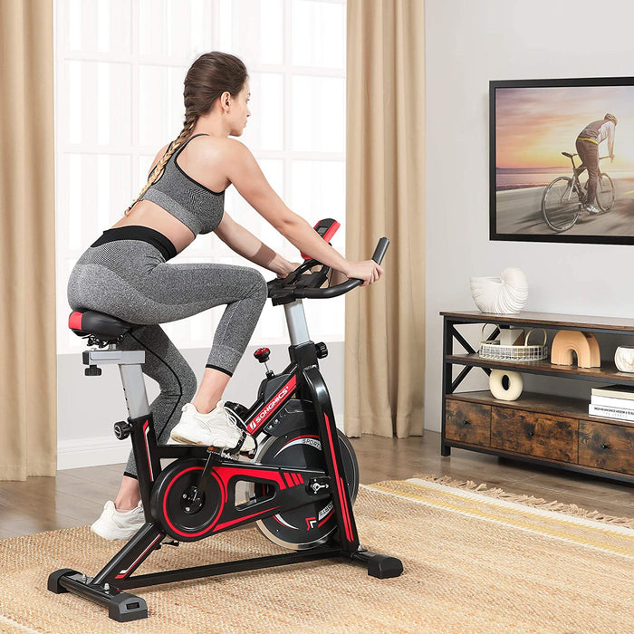 Heimtrainer, Fitnessfahrrad, Hometrainer, mit verstellbarem Lenker, Sitz und Widerstand, Pulsmessung, Pedale mit Fußkorb, schwarz-rot