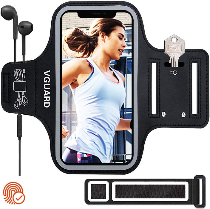 Sportarmband Handy,Schweißfest Joggen Handytasche Laufen mit Schlüsselhalter, Kopfhörerloch und Verlängerungsband für (5"-6,5") Handys- Schwarz