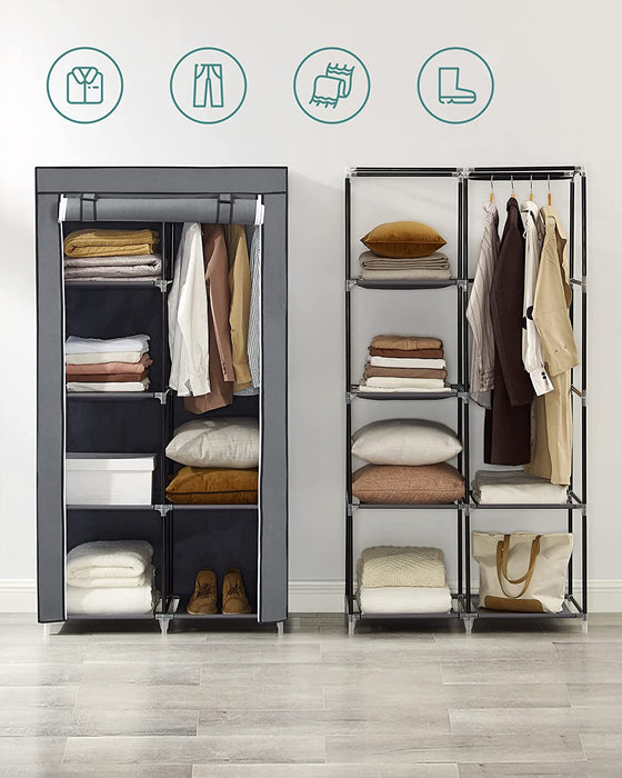 Stoffschrank, Kleiderschrank, 2 Kleiderstangen, 6 Ablagen, verschiedene Aufbaumöglichkeiten, 88 x 45 x 168 cm, für Schlafzimmer, Ankleidezimmer, grau
