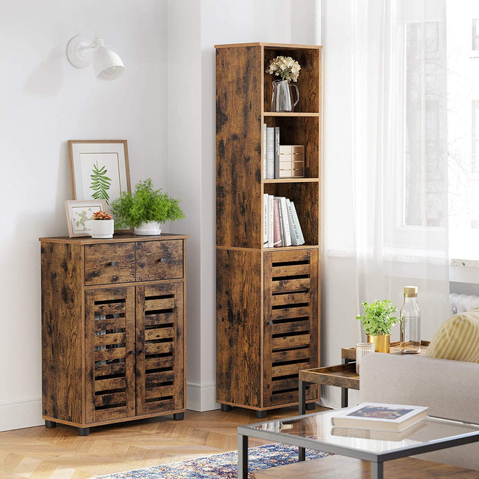 Badezimmerschrank, Hochschrank, Badschrank, 3 offene Fächer, 2 verstellbare Einlegeböden hinter der Tür, Aufbewahrungsschrank, für Badezimmer