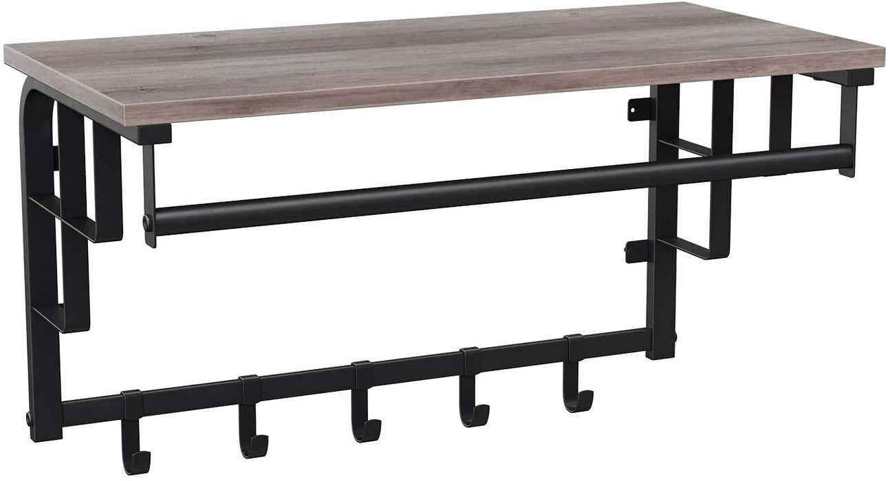 Wandgarderobe mit Ablage, Wandregal mit 5 abnehmbaren Haken, wandmontiertes Hängeregal mit Hängestange, für Flur, Schlafzimmer, Badezimmer