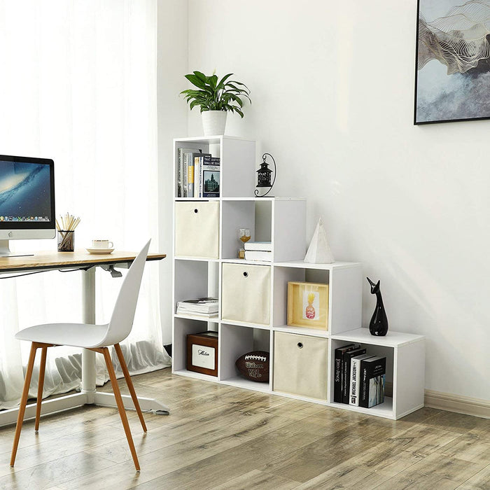 Bücherregal, Treppen, 10 Würfel-Fächer, Ausstellungsregal aus Holz, freistehendes Regal, Raumteiler, Weiß