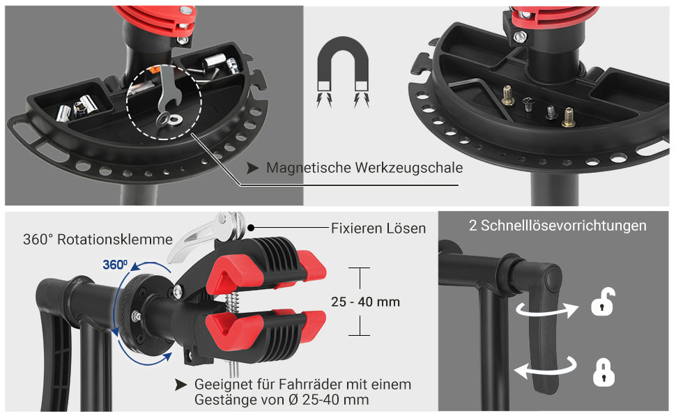 Fahrradmontageständer, Reparaturständer für Fahrräder, Schwerlast-Montageständer, Fahrradständer mit Schnelllösevorrichtungen, verschweißter Klemmkopf