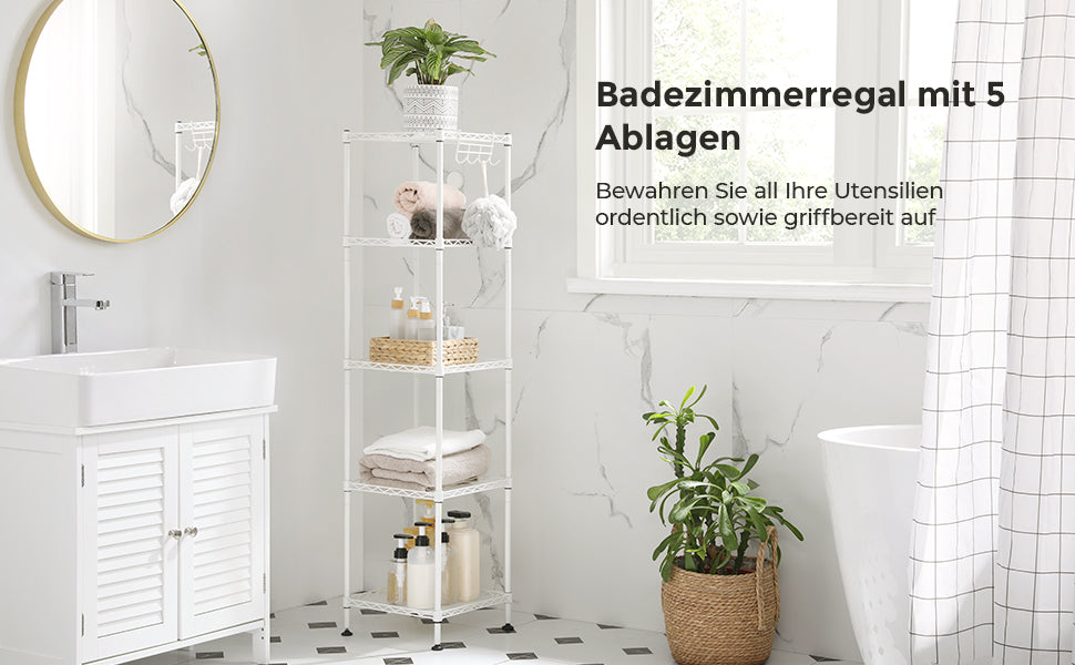 Badezimmerregal, Standregal, Metallregal, bis 100 kg belastbar, mit 5 PP-Platten, abnehmbare Haken, 30 x 30 x 123,5 cm, erweiterbar, für kleine Räume