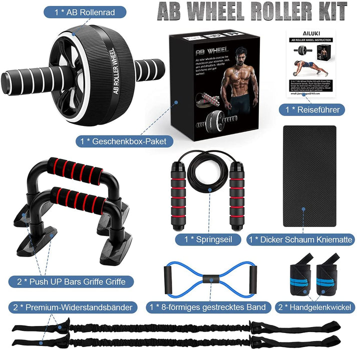 Bauchroller, Bauchtrainer ab Roller, Bauchmuskeltrainer ab Wheel Set, mit Fitnessband, Springseil, Hochschieben Griffe, Abbildung 8 Fitnessbänder