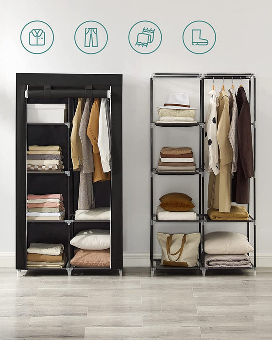 Stoffschrank, Kleiderschrank, 2 Kleiderstangen, 6 Ablagen, verschiedene Aufbaumöglichkeiten, 88 x 45 x 168 cm, für Schlafzimmer, Ankleidezimmer, schwarz