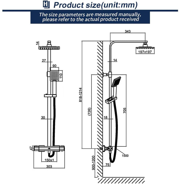 Duschsystem mit Thermostat Regendusche eckig Duscharmatur Duschset Dusche inkl. Handbrause, Regenbrause, Duschstange chrom
