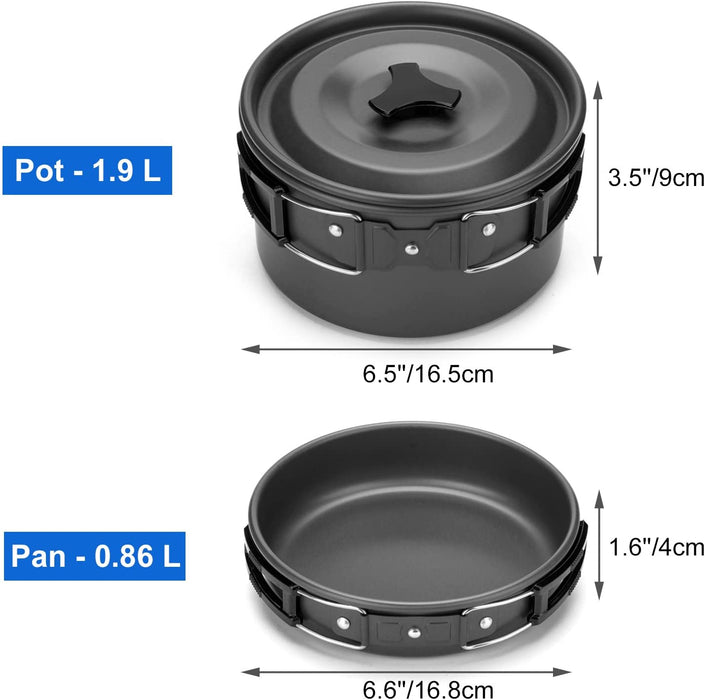 Camping Kochgeschirr Set 11-teiliges Outdoor Kochgeschirr mit Mini Gaskocher Tragbar Aluminium Topf 0.8L Teekessel 2 Tassen Faltbare Besteck Camping