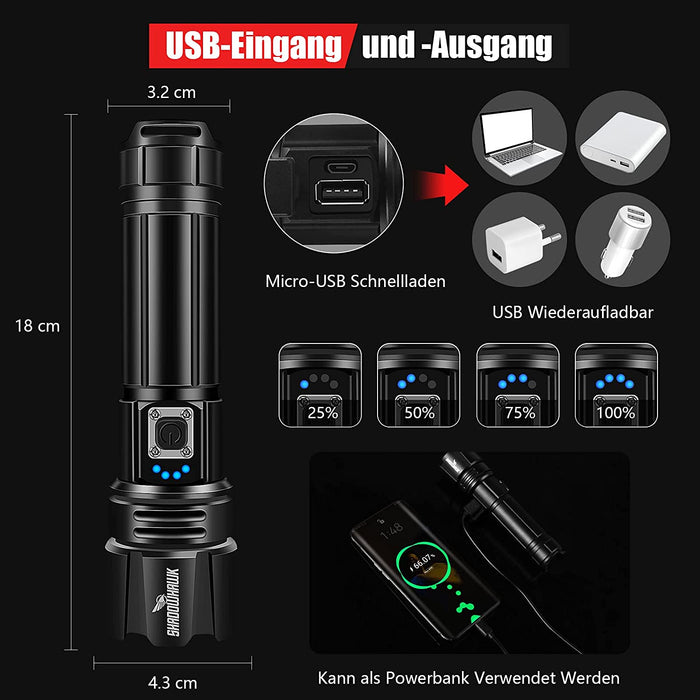 Taschenlampe Led 10000 Lumen, Extrem Hell Taschenlampe USB Aufladbar Taktische Taschenlampen Mit Holster IP67 Wasserdicht Camping Wandern Notfälle