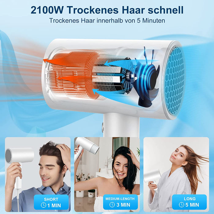Ionen Haartrockner 2100W, Profi Föhn mit 3 Heizstufen Und 2 Geschwindigkeiten, Fön mit Konstante Temperaturfunktion, Geschenk Option Reisefön für Kinder, Familien, Friseursalon