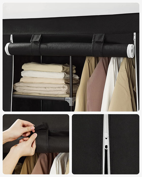 Stoffschrank, Kleiderschrank, 2 Kleiderstangen, 6 Ablagen, verschiedene Aufbaumöglichkeiten, 88 x 45 x 168 cm, für Schlafzimmer, Ankleidezimmer, schwarz