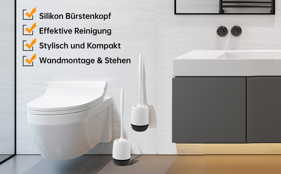Toilettenbürste, Klobürste Silikon mit Halter, WC Bürste Wandmontage & Stehen, Ohne Bohren Langer Stiel Schnell Trocknendem Klobürsten für Badezimmer
