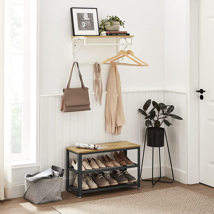 Wandgarderobe, Wandregal mit 5 Haken und Ablage, im Industrie-Design, Hakenleiste mit Hängestange, für Flur, Schlafzimmer, Badezimmer und Wohnzimmer