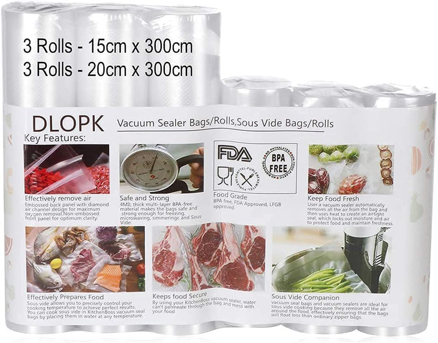 Vakuumierbeutel Profi- vakuumierfolie, 6 Rollen 20x300cm & 15x300cm folienrollen für alle vakuumierer, BPA-frei, stark & reißfest, Sous Vide geeignet