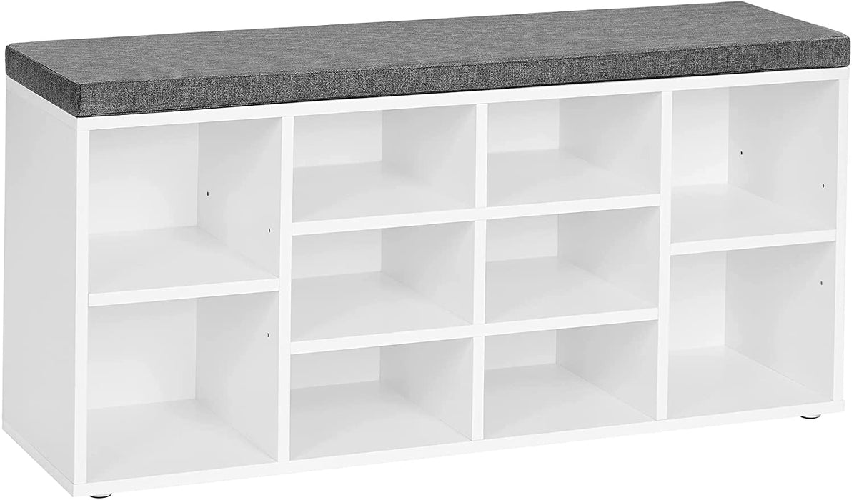Schuhbank, Schuhregal, Schuhaufbewahrung, Sitzbank, 10 Fächer, mit Polsterung, für den Eingangsbereich, Flur, Schlafzimmer, 104 x 30 x 48 cm, weiß