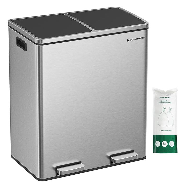 Mülleimer, 2 x 30 L, 2 Fächer, Mülltrennsystem, Treteimer, Abfalleimer Küche, 15 Müllsäcke, aus Metall, Inneneimer aus Kunststoff, Klappdeckel