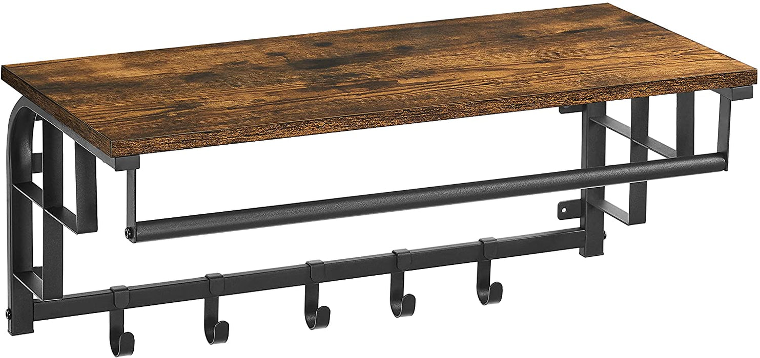 Wandgarderobe mit Ablage, Wandregal mit 5 abnehmbaren Haken, wandmontiertes Hängeregal mit Hängestange, für Flur, Schlafzimmer
