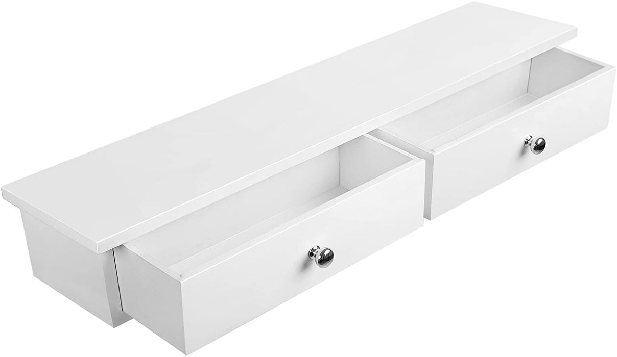 Wandregal, Schweberegal mit 2 Schubladen, Hochglanzoberfläche, bis 15 kg belastbar, 65 x 15 x 10 cm, Flur, Wohnzimmer und Küche, weiß