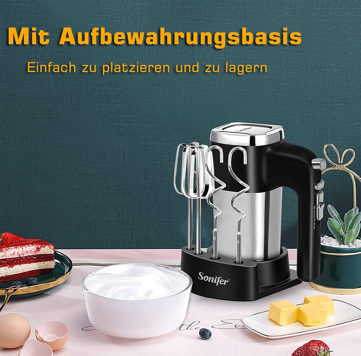 Handmixer Edelstahl 500W Elektrischer Mixer Handrührer , 5 Stufen plus Turbostufe, Auswurftastendesign, spülmaschinengeeignet, Knethaken, Schneebesen