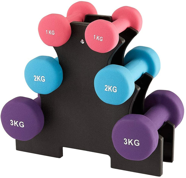 Hantel Set Neopren Hanteln Gewichte Kurzhanteln Fitness Hanteln Set Frauen Hantelset Kurzhantel 6er Set mit ständer, 2x1 kg, 2x2 kg, 2x3 kg