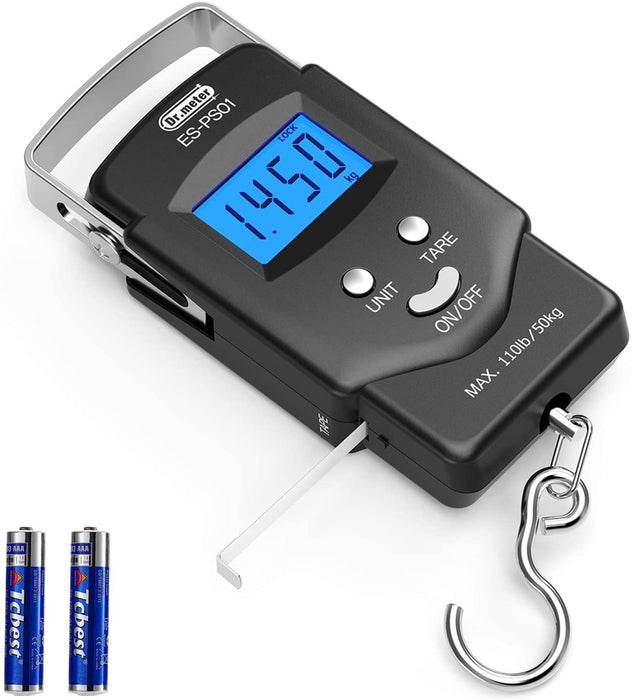 Digitale Kofferwaage,110 lb/50 kg Elektronische Digital Fischwaagen Handwaage mit Maßband, 2 AAA Batterien enthalten, Beleuchtetes Display (PS01)