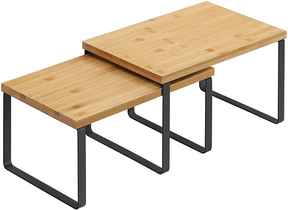 Gewürzregal, 2er Set, Küchenregal, Küchen-Organizer, erweiterbar, Gewürzhalter, stapelbar, aus Metall und Bambus, schwarz-naturfarben