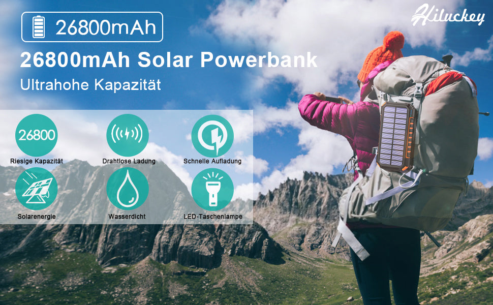 Wireless Solar Powerbank 26800mAh Wasserdichtes Solar Ladegerät USB C Externer Akku mit 4 Outputs, Power Bank für Smartphones, Tablets und mehr