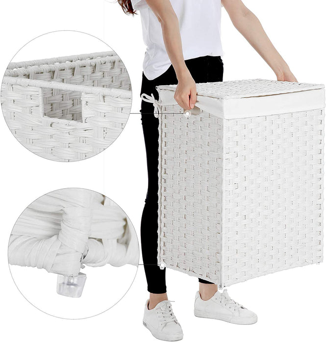 Wäschekorb handgeflochten, 90 L, Wäschesammler aus synthetischem Rattan, mit Deckel und Griffen, faltbar, Wäschesack herausnehmbar, weiß