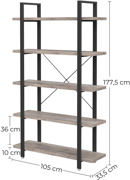 Bücherregal, stabiles Standregal mit 5 Regalebenen, Wohnzimmerregal im Industrie-Design, einfacher Aufbau, Wohnzimmer, Schlafzimmer, Büro, Greige