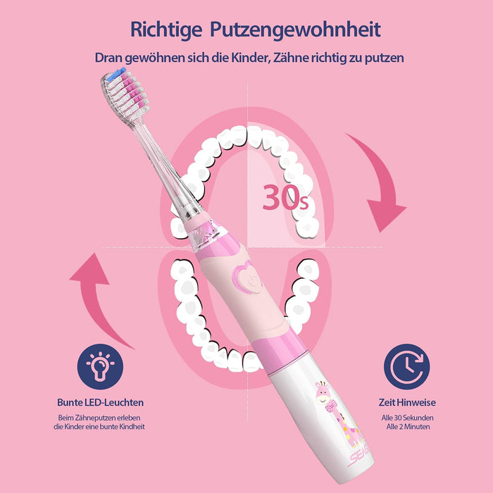 Elektrische Zahnbürste Kinder 6 Monaten bis 4 Jahren, Schallzahnbürste mit LED Licht Aufsteckbürste Smart Timer Wasserdicht IPX7,SG513 (Pink)