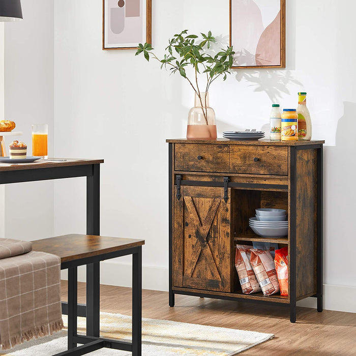 Beistellschrank, Sideboard mit Regalebene und Schublade, Küchenschrank, Kommode mit Schiebetür im Landhausstil, Industrie-Design, vintagebraun-schwarz