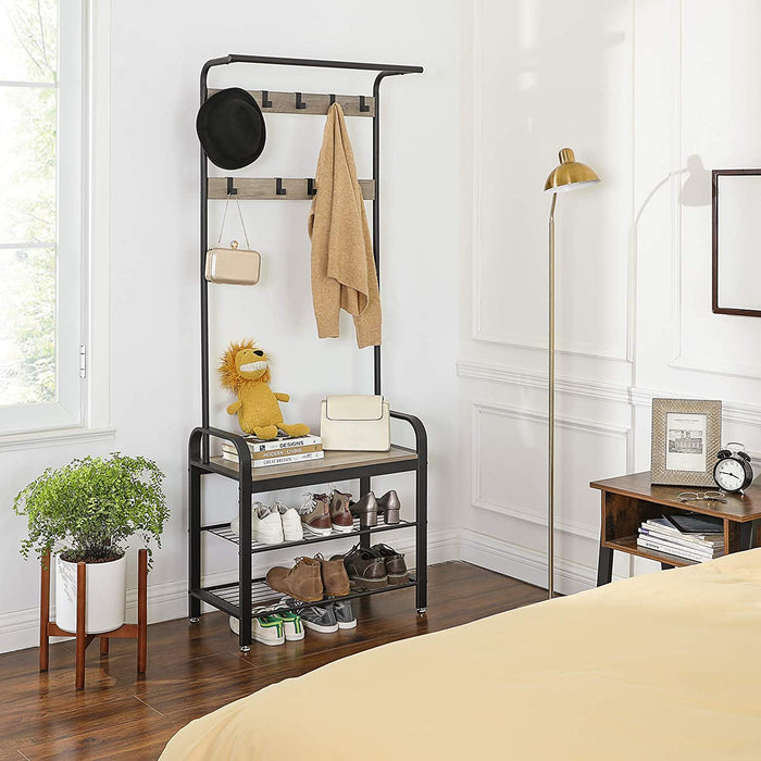 Garderobenständer, Garderobe, Schuhregal mit Sitzfläche, Kleiderständer mit 9 abnehmbaren Haken, Sitzbank, Industrie-Design, Greige-schwarz