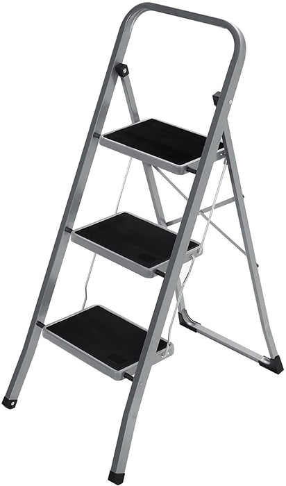 Klapptritt mit 3 Stufen, Trittleiter, Leiter, 20 cm breite Stufen, rutschfeste Gummimatten, mit Handlauf, bis 150 kg belastbar, grau-schwarz