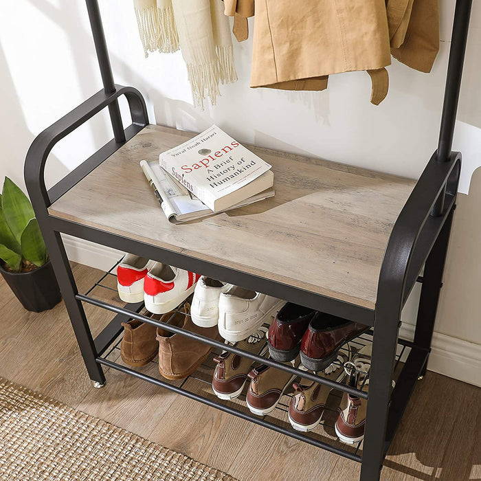 Garderobenständer, Garderobe, Schuhregal mit Sitzfläche, Kleiderständer mit 9 abnehmbaren Haken, Sitzbank, Industrie-Design, Greige-schwarz