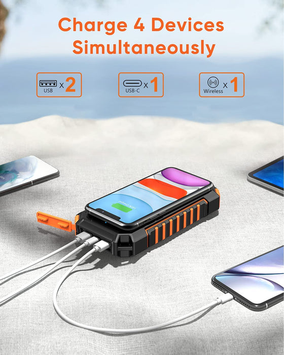 Wireless Solar Powerbank 26800mAh Wasserdichtes Solar Ladegerät USB C Externer Akku mit 4 Outputs, Power Bank für Smartphones, Tablets und mehr