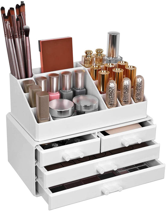 Make-up, Kosmetik-Organizer mit 4 Schubladen und 16 Fächern in unterschiedlichen Größen, rutschfeste Einlagen, für Schminke und Schmuck, weiß