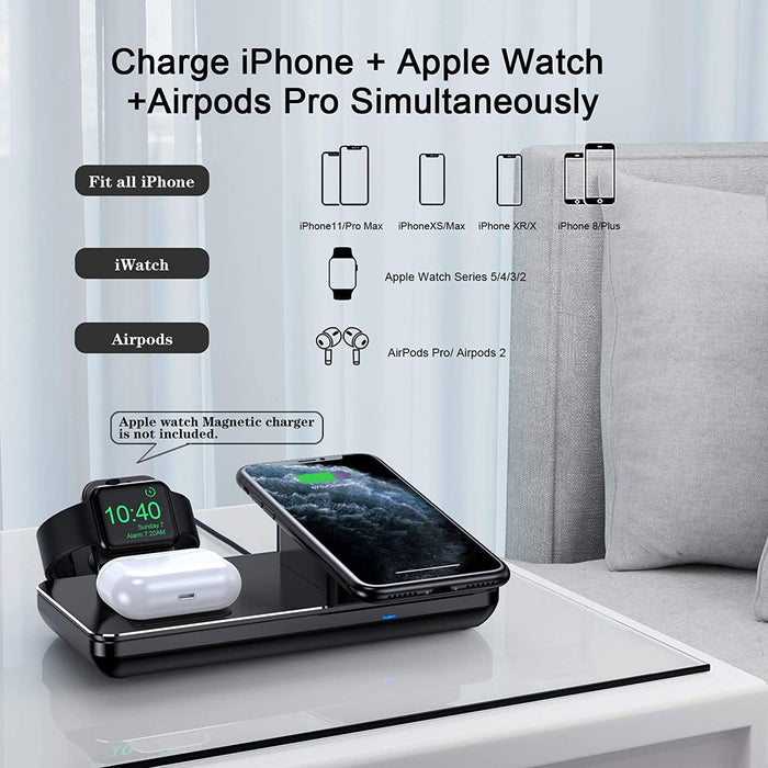 Wireless Charger, 3 in 1 Induktive Ladestation Kompatibel für Apple Watch 5/4/3/2/1, iPhone 12/11 Pro Max/XS/XR/X/8/8 Plus, AirPods Pro