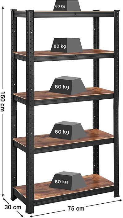 Standregale, 2er Set, Bücherregale, Lagerregale, 5 Ablagen, Küchenregale, Regale, 150 x 75 x 30 cm, bis 400 kg belastbar, verstellbare Ablagen