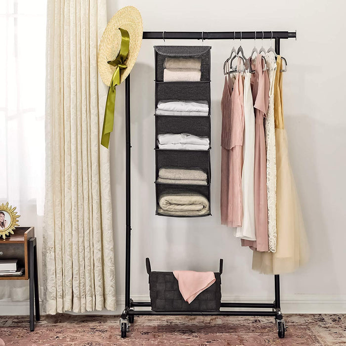 Hängeregal, Kleiderschrank-Organizer, Hängeaufbewahrung, für Kleidung, platzsparend und faltbar, Metallhaken, Bambus-Einsätze, leinenartige Textur, grau